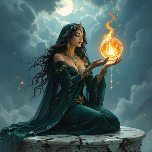 The image features a beautiful woman dressed in an elaborate green gown, sitting on a stone pedestal. She is holding a glowing orb or ball of fire in her hands, which appears to be the focal point of the scene. The woman's position and the presence of the glowing orb suggest that she might be engaged in some form of magical or mystical activity.