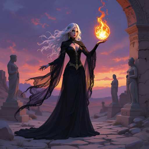 The image features a beautiful woman dressed in an elegant black gown, standing in front of a stone archway. She is holding a glowing orb that appears to be made of fire within her hands. The setting seems to be a castle or palace courtyard with several other statues and figures scattered around the area. The overall atmosphere suggests a scene from a fantasy world where the woman might be a powerful witch or queen, using her magical abilities to protect her realm.