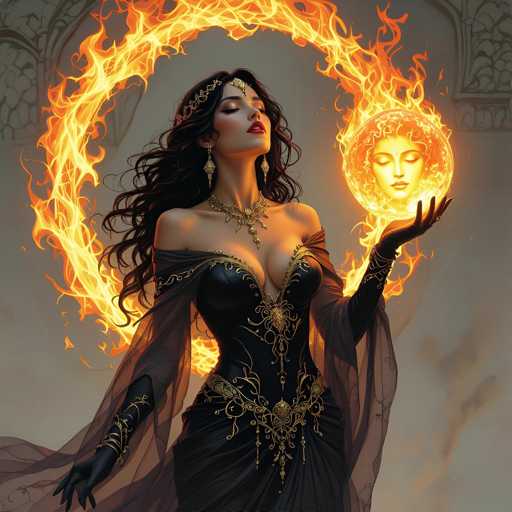 The image features a beautiful woman dressed in an elegant black dress, with gold accents. She is holding a golden orb that appears to be glowing and emitting fire. The woman's position and the radiant glow of the orb create a striking visual effect against the gray background.