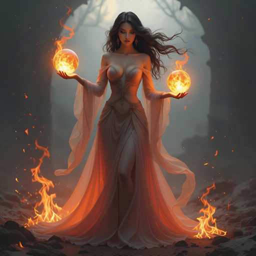 The image features a beautiful young woman dressed in an elegant gown, standing in front of two glowing balls. She is holding one ball in each hand and appears to be the center of attention or possibly a goddess-like figure. The scene takes place in a dark room with fire burning behind her, adding a dramatic effect to the overall atmosphere.
