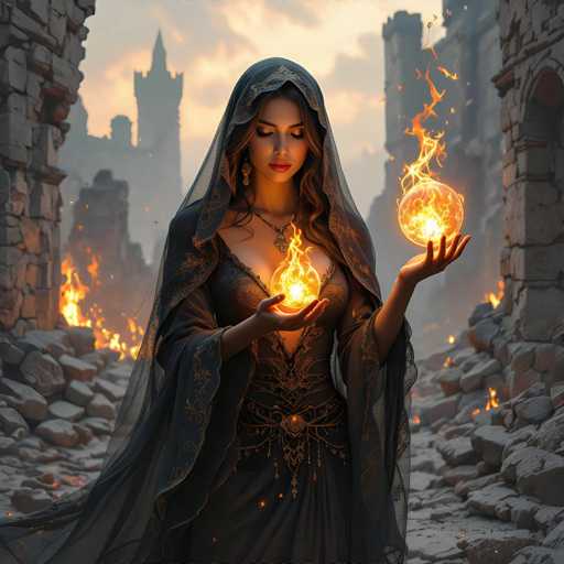 The image features a beautiful young woman dressed in an old-fashioned style, wearing a long black dress and a hood. She is holding two glowing balls of fire, which appear to be magical or enchanting. The scene takes place on a rocky path surrounded by ruins, giving the impression that she might be in a medieval or fantasy setting. Her attire and the presence of these fiery objects suggest that she could be a witch or a powerful figure with mystical abilities.