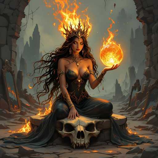 The image features a beautiful woman sitting on top of a skull, holding an orange ball in her hands. She is wearing a crown and a dress that complements the fiery theme of the scene. The skull she sits on appears to be made from stone or another material with a rough texture, adding to the overall dramatic effect of the image.
