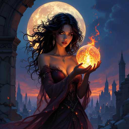 The image features a beautiful woman dressed in an old-fashioned style, holding a glowing orb that appears to be made of fire. She is standing next to a large building with a clock tower on top and the sky filled with clouds. The scene seems to depict a fantasy or magical setting where the woman plays a significant role as a powerful witch or enchantress.