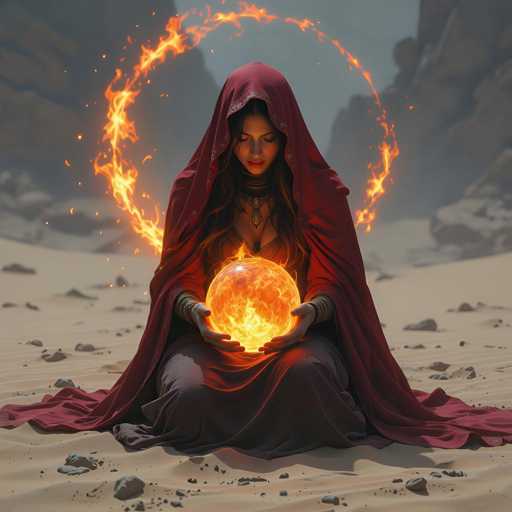 The image features a beautiful woman dressed in red, sitting on the ground and holding an orange ball. She is wearing a long robe that covers her entire body, giving her an air of mystery and elegance. The scene takes place outdoors, with a desert-like environment surrounding the woman, which adds to the overall atmosphere of the image.