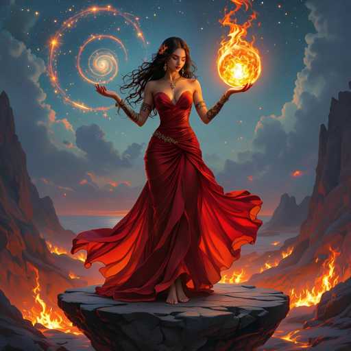 The image features a beautiful woman in a red dress standing on a rock, holding an orange ball. She is positioned near the center of the scene and appears to be gazing into the distance or towards something beyond what can be seen clearly. The setting seems to be a rocky landscape with mountains visible in the background, adding depth and context to the image.