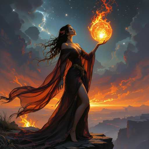 The image features a beautiful woman standing on top of a cliff, holding an orange ball in her hand. She is dressed in a long dress and has her hair styled in loose waves. The scene takes place during sunset or sunrise, with the sky filled with clouds and the sun casting its warm glow over the landscape below. The combination of the woman's attire, the setting sun, and the dramatic backdrop creates an enchanting atmosphere that captures the viewer's attention.