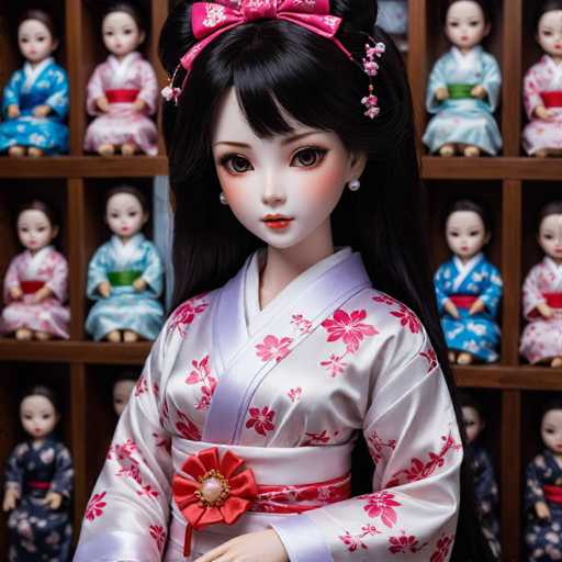 The image shows a collection of dolls and doll clothes neatly arranged on wooden shelves against a white wall. The dolls are dressed in traditional Japanese clothing with intricate floral patterns and vibrant colors. Each doll is unique, with different hairstyles and facial features that add to the diversity of the collection.