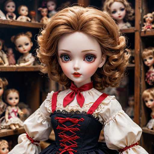 A doll with blonde hair and blue eyes is standing on a shelf filled with other dolls. The doll has a red ribbon tied around her neck and is wearing a white dress with lace sleeves.