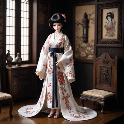 A doll is standing on a wooden floor wearing a traditional Japanese kimono with red and white floral patterns. The doll has black hair and is holding a small vase. In the background, there is a painting of a woman's face hanging on the wall.