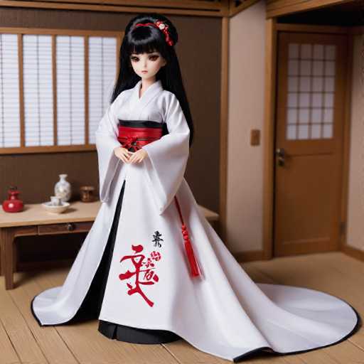 The image shows a doll dressed in traditional Japanese attire standing on a wooden floor against the backdrop of a room with a brown wall and a window. The doll is wearing a white kimono with red accents and a matching headpiece adorned with a flower.