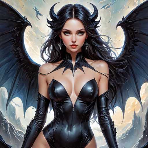The image depicts a woman with long dark hair and large wings, dressed in black leather attire that includes a corset and gloves. She is standing against a backdrop of clouds and mountains, suggesting an outdoor setting or perhaps a fantasy world. The woman's gaze is directed towards the camera, creating a sense of connection between her and the viewer.