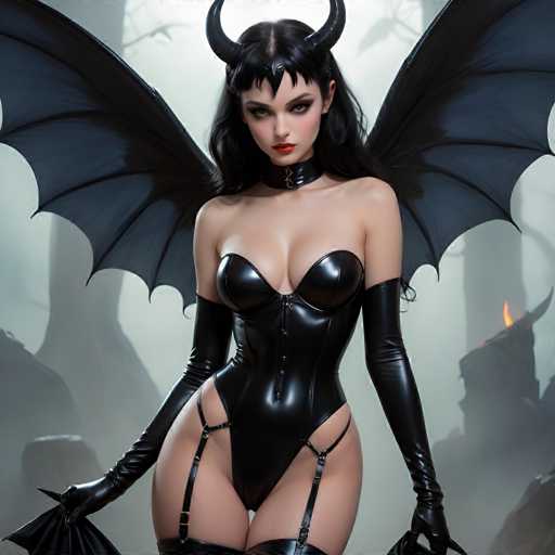 A woman with black hair and a red lip is standing in front of a forest, wearing a black leather bodysuit that includes a corset and garter belt. She has her arms crossed over her chest and is holding a baton in one hand while the other hand is raised to her face as if she's about to speak or make a gesture.