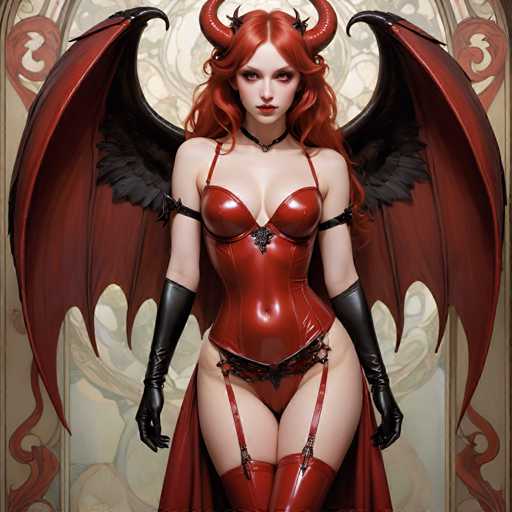 The image depicts a woman with red hair and wings, dressed in a red corset and red stockings, standing against a white background adorned with black designs. The woman is wearing gloves and has a red headband on her forehead.