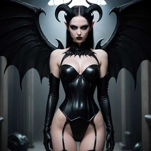 A woman with long dark hair and makeup wearing a corset and leather gloves stands in front of a large window with a black curtain, holding a staff.