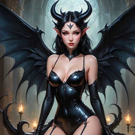The image depicts a woman with long dark hair and large horns wearing a black leather outfit that includes a corset and a headdress. She is seated on a throne-like structure surrounded by candles, suggesting a scene from a fantasy or magical world. The background features a Gothic architectural style, which further enhances the atmosphere of the scene.