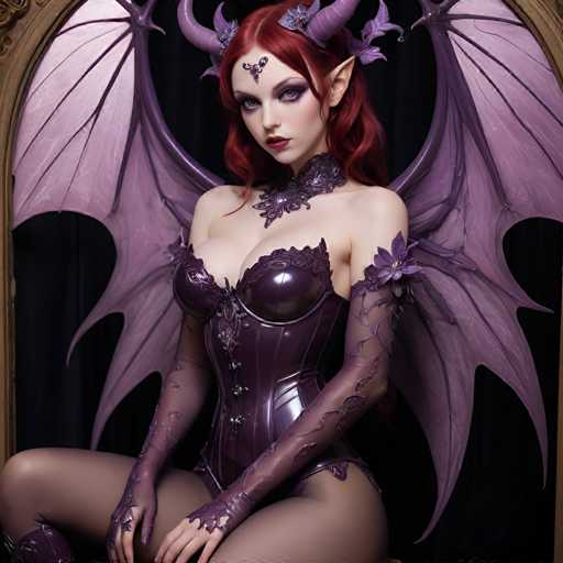 A woman with red hair and a purple dress is seated on a chair, wearing a corset and earrings. The background features a black curtain that contrasts with the woman's attire.