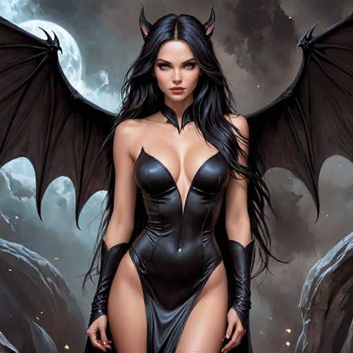 The image depicts a woman with long dark hair and black leather attire, possibly a witch's outfit, standing against a backdrop of a stormy sky and a full moon. The woman is positioned in the center of the frame, facing towards the right side of the image.