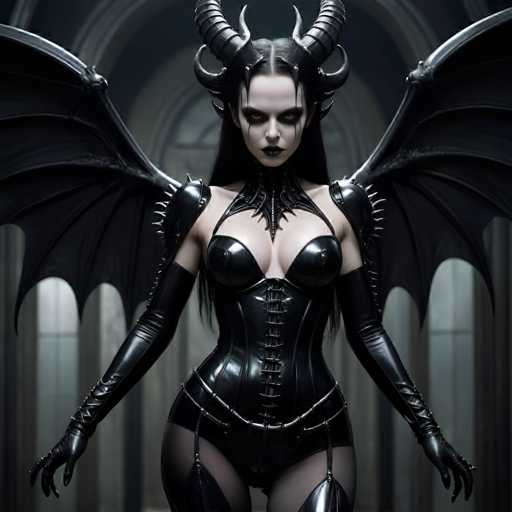 A woman with long dark hair and a black corset stands in front of an ornate archway, wearing a full-body black leather outfit that includes a headdress adorned with horns and a corset with straps.
