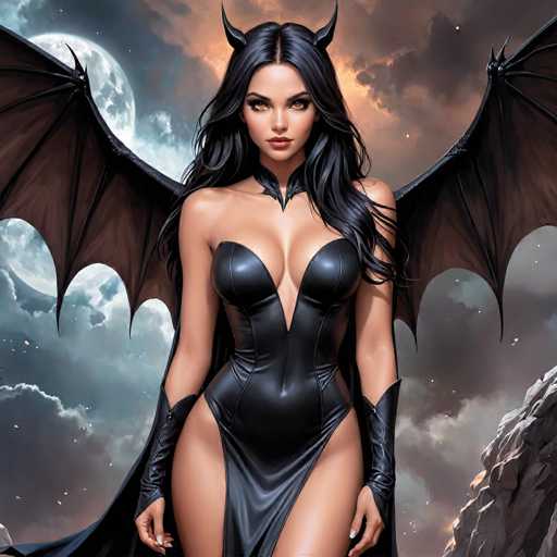The image depicts a woman with long dark hair and black makeup wearing a black dress with a high neckline and corset. She is standing against a backdrop of a stormy sky with clouds and lightning bolts. The woman's pose suggests she is facing the camera directly, creating an intense atmosphere.