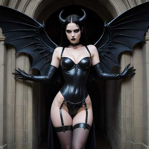 A woman with long dark hair and a black dress adorned with wings and horns stands in front of an archway, her arms outstretched as if embracing the viewer. The archway is made of stone and features a window on its right side.