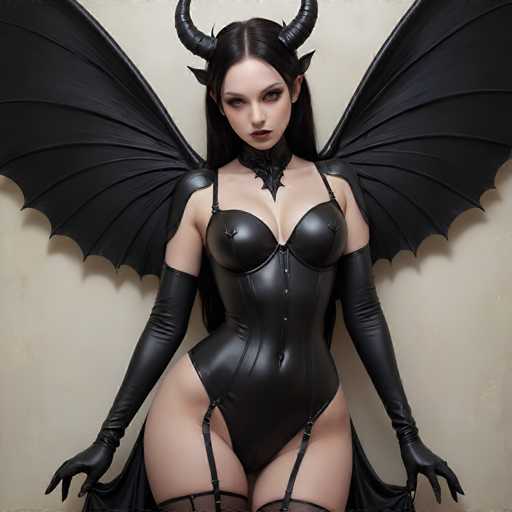 A woman with long dark hair and a black leather outfit stands against a white wall, her arms crossed over her chest as she gazes directly at the camera.
