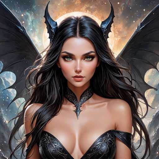 The image depicts a woman with long dark hair and large wings, wearing a black dress that covers her entire body except for the neck area. The background features a sky filled with stars and clouds, creating an ethereal atmosphere. The woman is positioned in front of this celestial backdrop, facing towards the viewer.