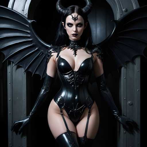 A woman with long dark hair and a black dress adorned with wings and a skull on her head is the central figure in this image. She stands confidently against a stark black background, which contrasts sharply with her attire. The woman's pose suggests she is ready to face whatever comes next or has come before.