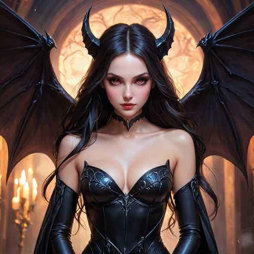 The image depicts a woman with long dark hair and red lipstick standing in front of an archway that is bathed in warm yellow light. The woman is wearing a black dress adorned with gold accents and has large horns on her head.