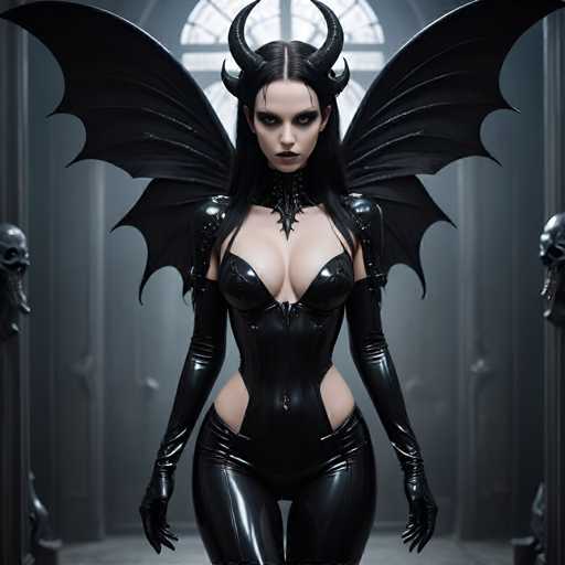 A woman with long dark hair and a black outfit is standing in front of a window, her face obscured by a pair of horns that resemble bats. The room around her has a Gothic architectural style, characterized by pointed arches and columns.