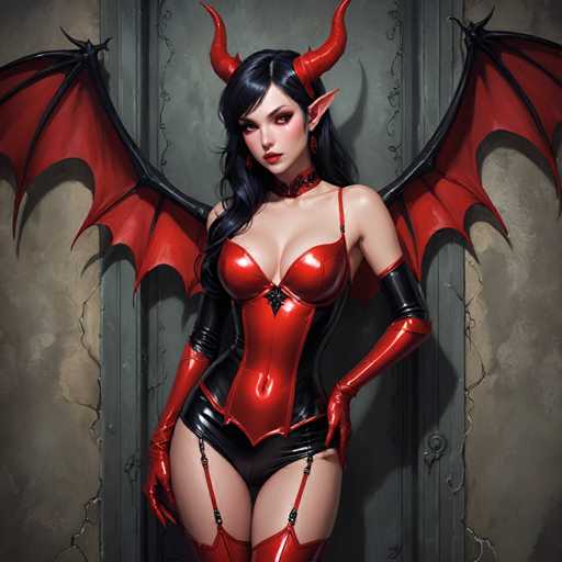 The image depicts a woman with red wings and horns standing against a gray wall. She is wearing a black corset, red stockings, and red boots. The woman has long dark hair styled in an updo.