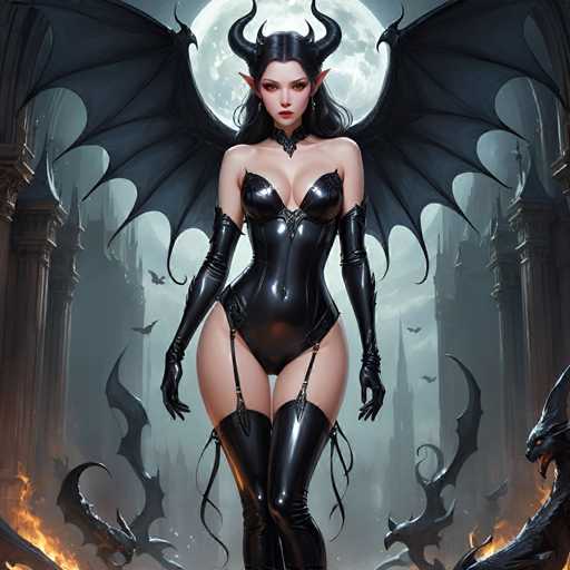 The image depicts a woman with long hair and red eyes wearing a black leather bodysuit adorned with gold accents. She is standing in front of a group of bats, which appear to be fighting each other or engaged in some sort of aerial combat. The background features a Gothic-style building with pointed arches and columns, creating an atmosphere of mystery and intrigue.