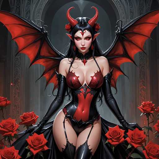 The image depicts a woman with red wings and horns, dressed in black and red attire, standing amidst a field of roses. The background is dark and features an archway, adding to the Gothic-inspired atmosphere.