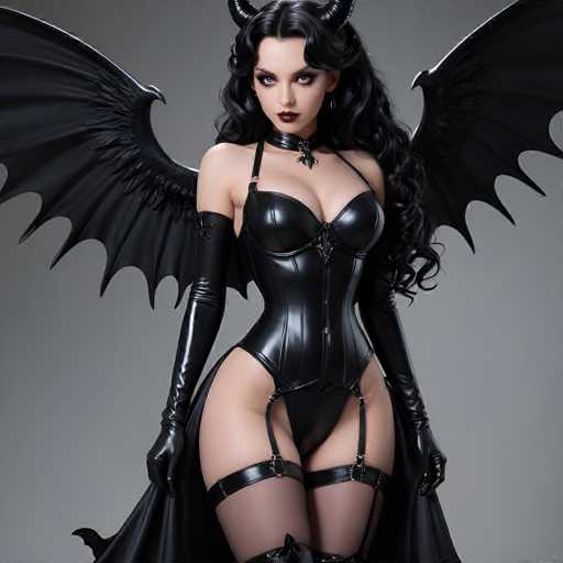 A woman with long dark hair and a black dress adorned with red accents is the central figure in this image. She is wearing a corset that accentuates her curves and high heels that add to her regal appearance. The background of the image is a stark white color, which contrasts sharply with the woman's dark attire and further emphasizes her presence.