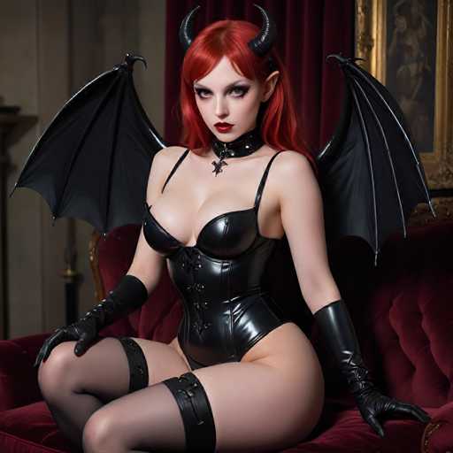 A woman with red hair and a red lip is seated on a red velvet couch wearing black leather corset and gloves. She has a large nose and horns, giving her an intimidating appearance. The background features a dark room with a painting hanging on the wall above the couch.