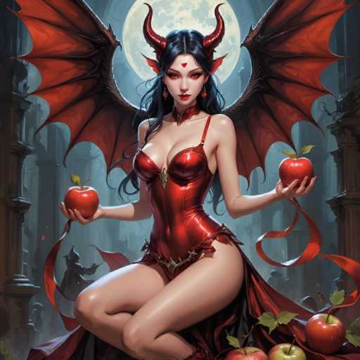 A woman with red wings and horns is depicted holding a bunch of apples on her lap. She is wearing a red dress that matches the color of her wings and has long dark hair. The background features a large moon and trees in the distance.
