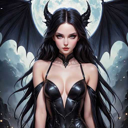 The image depicts a woman with long dark hair and black wings, wearing a black dress that covers her entire body except for the neck area. The background features a large full moon and clouds, creating an ethereal atmosphere.