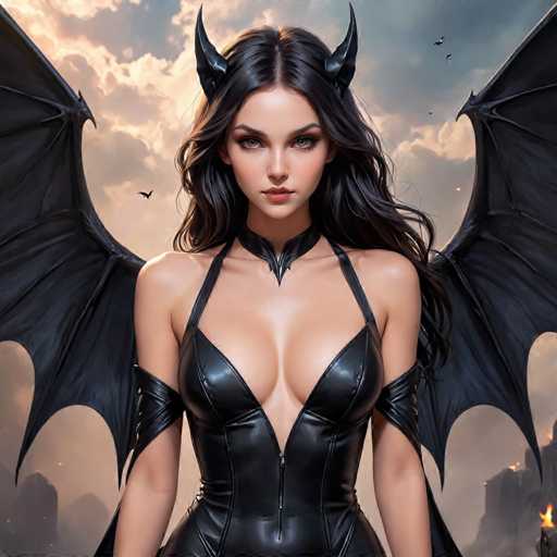 The image depicts a woman with long dark hair wearing a black leather outfit that includes a corset and a headdress featuring large horns. The background is filled with clouds and the sky, creating an atmospheric setting for the scene.