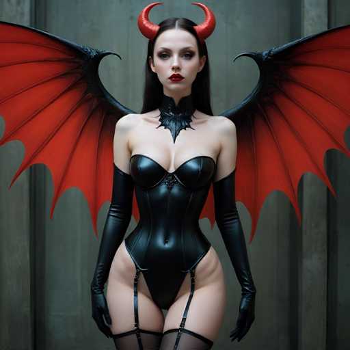 A woman with long dark hair and red lipstick stands confidently against a stark black background. She is wearing a black leather corset and garter belt, which accentuate her figure. The corset has a deep red color that contrasts sharply with the black of the background. Her outfit includes a pair of gloves on either hand.