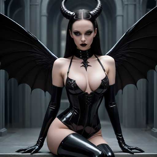 A woman with long dark hair and a black dress is seated on a stone wall, wearing a corset and leather gloves. She has large wings attached to her back that resemble the wings of a dragon or werewolf. The setting appears to be an indoor space with arches in the background.