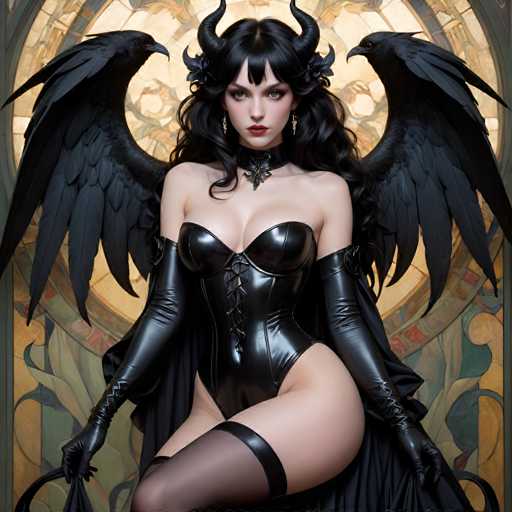 The image depicts a woman with long dark hair and black wings, wearing a corset and stockings. She is posing for the camera against a backdrop of a stained glass window featuring red and green hues. The woman's attire suggests she may be a character from a fantasy or mythological story, possibly a witch or a fairy.