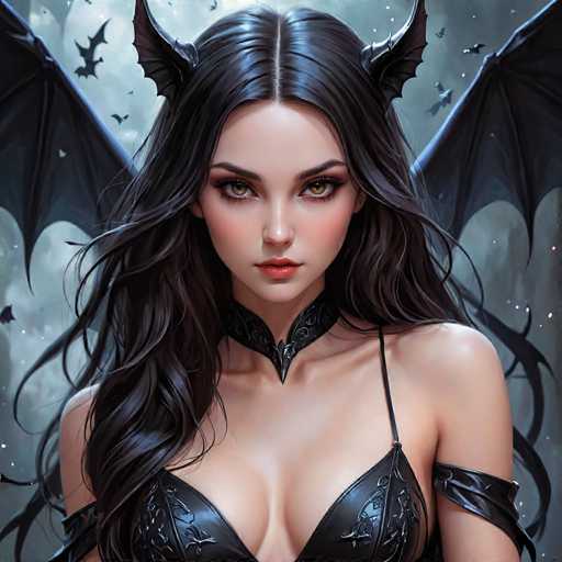 The image depicts a woman with long dark hair wearing a black dress and a corset. She is facing the camera directly, with her eyes looking off to the side. The background features a dark blue sky filled with bats, creating an eerie atmosphere.