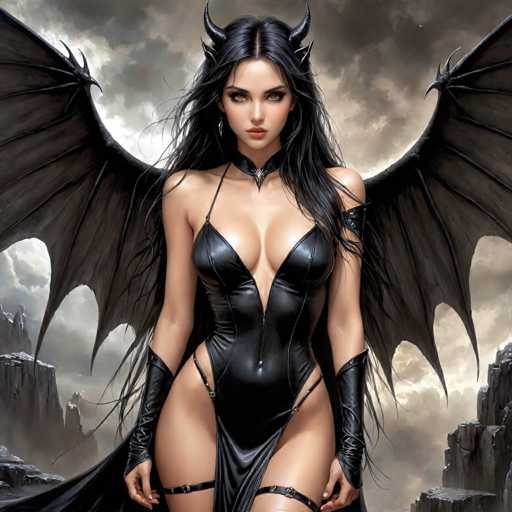 A woman with long dark hair and a black dress is shown against a backdrop of a stormy sky and rocky mountains. The woman's pose suggests she is ready for action or adventure.
