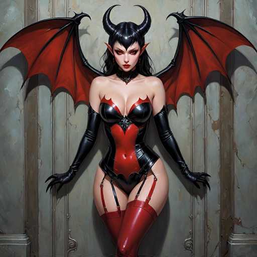 The image depicts a woman with red lips and horns, dressed in a black leather outfit that includes a corset, stockings, and a red headband. She is standing against a gray stone wall, which serves as the backdrop for her striking appearance. The woman's pose suggests she is ready to strike or dance, adding an air of intensity to the scene.