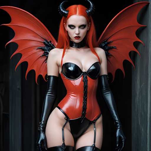 A woman with red hair and a red nose is standing against a black background wearing a red leather corset and garter belt. She has on black gloves and a red headdress that resembles wings.