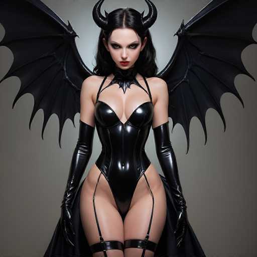A woman with black hair and makeup stands against a gray background wearing a black leather outfit that includes a corset, garter belt, and wings. She is also wearing gloves and a headdress.