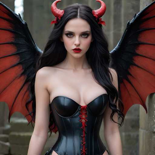 A woman with long dark hair and red horns is standing against a stone wall wearing a black corset and top hat.