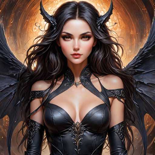 The image depicts a woman with long dark hair and large wings, wearing a black leather outfit that includes a corset and a headdress adorned with horns. The background features an orange glow, suggesting the presence of fire or some other source of light.