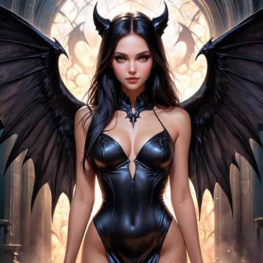 The image depicts a woman with long dark hair and large wings, dressed in black leather attire that includes a corset and a headdress adorned with horns. The background features an archway leading to the sky, creating a sense of depth and mystery.