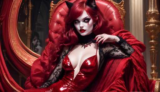 A woman with red hair and a white face painted on her cheeks is seated in a throne-like chair, wearing a red dress that features a black collar and corset. The background includes a gold curtain and a large mirror, suggesting an opulent setting or palace.