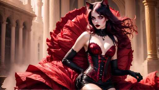 A woman with long dark hair and red lipstick is depicted wearing a corset and a red dress adorned with a large fan-like design on the skirt. She is seated on a throne in front of an ornate building, which appears to be a castle or palace. The image does not contain any discernible text.